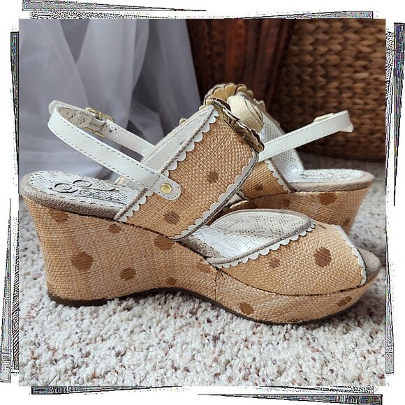 Tan Wedge Sandals w Floral Appliques & Dark Tan Polka Dots (7) Poetic License - Picture 5 of 7